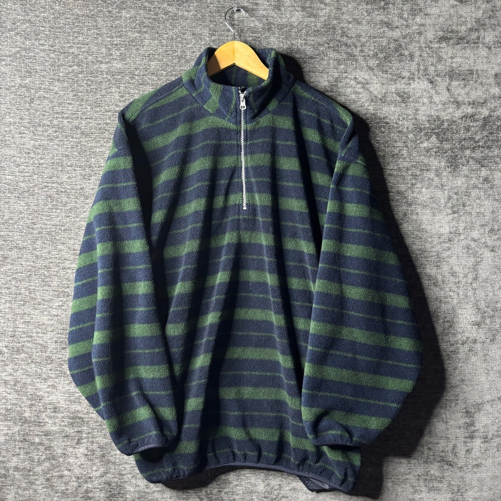 90s Vintage Trader Bay Men Large Quarter Zip Fleece Pullover Striped Navy Green
